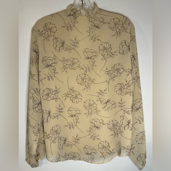 Calvin Klein Long Sleeve Ruffled Sheer Floral V-neck Tan Blouse Pre-owned XS - Picture 7 of 7